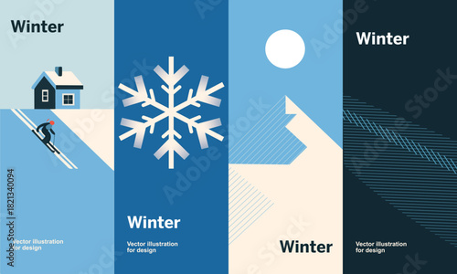 Winter Poster Set with Snowy Landscapes, Skiing Illustration, Snowflake Design, and Minimal Geometric Style