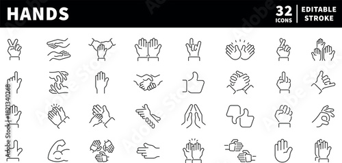 Hands vector icons in line style. Hands gestures linear icons set. Outline hands gestures icons