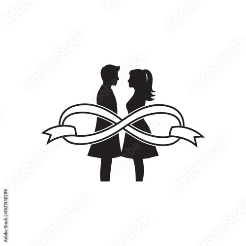 Valentines Day romantic couple silhouette with infinity ribbon symbol of eternal love black and white vector illustration