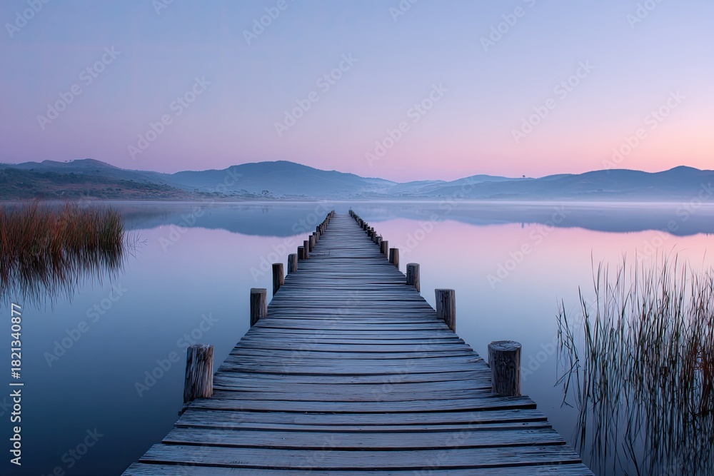 Naklejka premium Wooden dock extending into a tranquil lake at dawn, reflecting mountains and soft colored sky