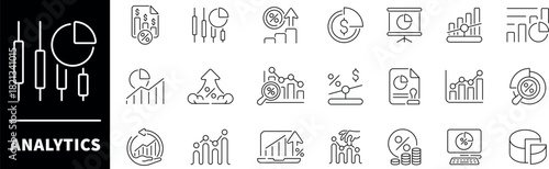 Analytics vector icons in line style. Analytics icons set. Outline data icons.