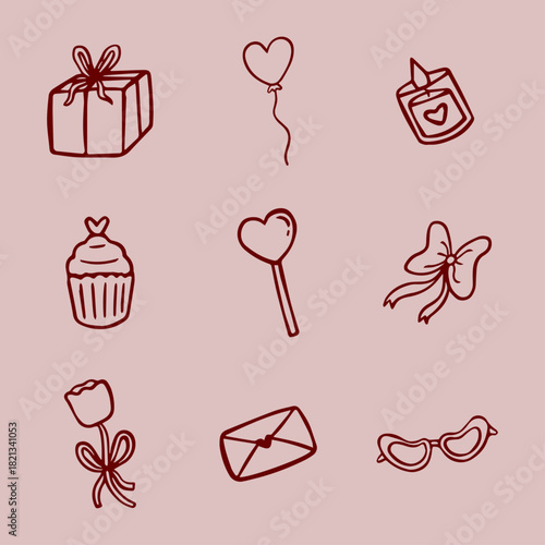 Collection of hand drawn line icons featuring Valentine's Day and romantic elements, including gift boxes, hearts, flowers, letter, glasses, and sweets. Ideal for love, romance, and holiday design.