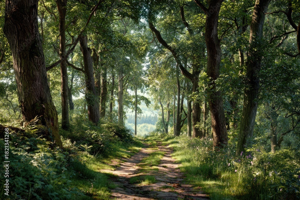 Fototapeta premium A sunlit dirt road winds through a lush, verdant forest, leading towards a distant clearing