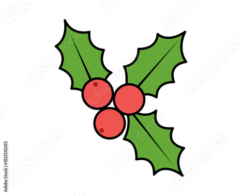 Icono de acebo de navidad con bayas rojas en estilo de caricatura