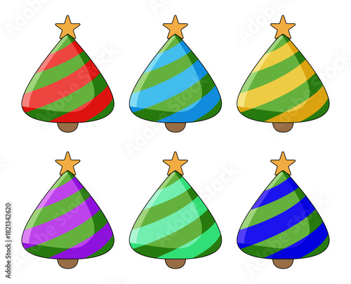 Seis árboles de navidad con patrones de rayas de colores