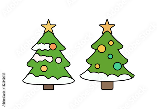 Dos árboles de navidad decorados con nieve y esferas