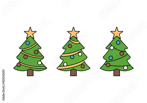 Hoja de iconos de árboles de navidad decorados con estrellas y esferas