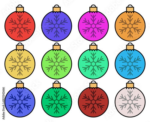 Hoja de iconos de bolas de navidad  de colores con copo de nieve