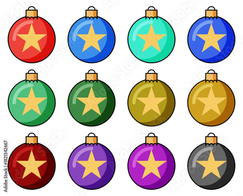 Hojas de iconos de bola de navidad de colores variados con estrella