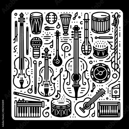 Symphony of Instruments: A detailed illustration of various musical instruments including string instruments, drums, and wind instruments, presenting music in its essence.