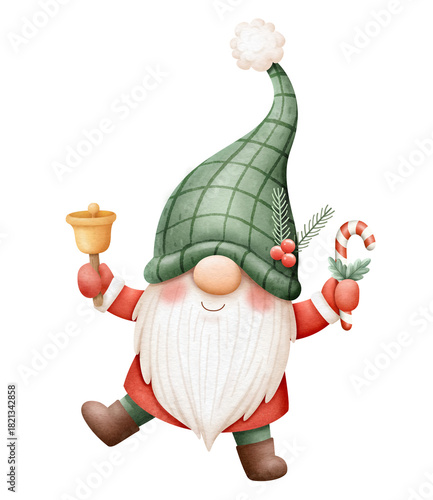 Cute christmas gnome illustration watercolor style holding a gold bell and a candy cane with holly.