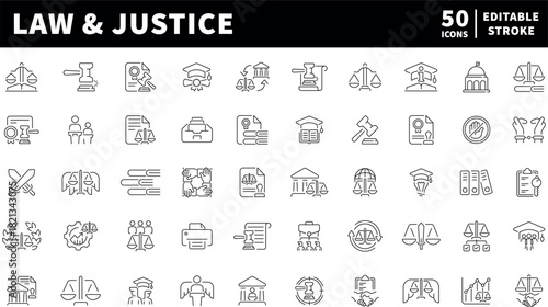 Law and justice vector icons in line style. Law and justice symbols set