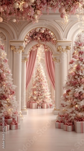 The room is decorated with two white Christmas trees and pink curtains. The curtains are pink and flow elegantly, creating a romantic and festive atmosphere. The room is adorned with pink flowers