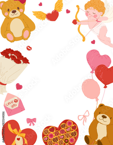 Valentine’s Day vertical banner with teddy bears, chocolates, balloons, bows, roses, envelopes and cupid around empty center frame. Vector illustration for cards, posters, packaging, invitations