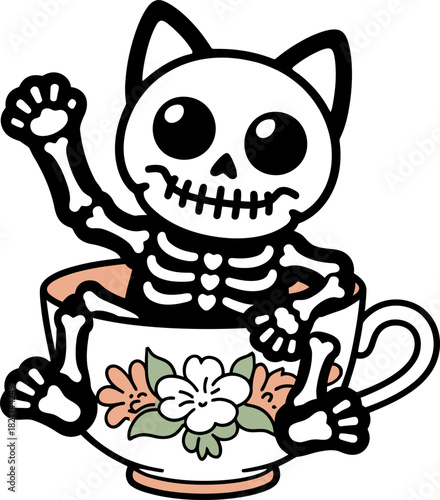 Cartoon cat waving from teacup with flowers cat skeleton
