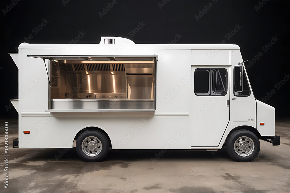 Naklejka premium White Food Truck Interior View with Open Window stock
