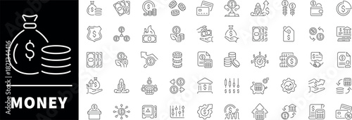 Money vector icons in line style. Money and finances outline icons set. Money icons collection