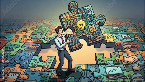 Entrepreneur Analyzing Big Puzzle Piece for Business Growth, Modern Creative Problem-Solving Art