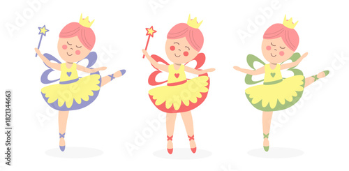 Three Cute Ballet Princesses with Magic Wands – Pastel Flat Style Ballerina Girls, Whimsical Fairy Tale Kids Clipart for Nursery Decor, Stickers, Posters and Child Designs
