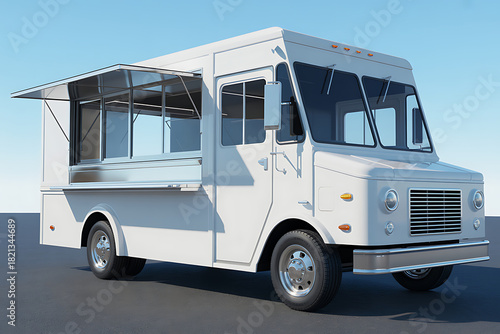 White Food Truck with Open Service Window vehicle mobile kitchen