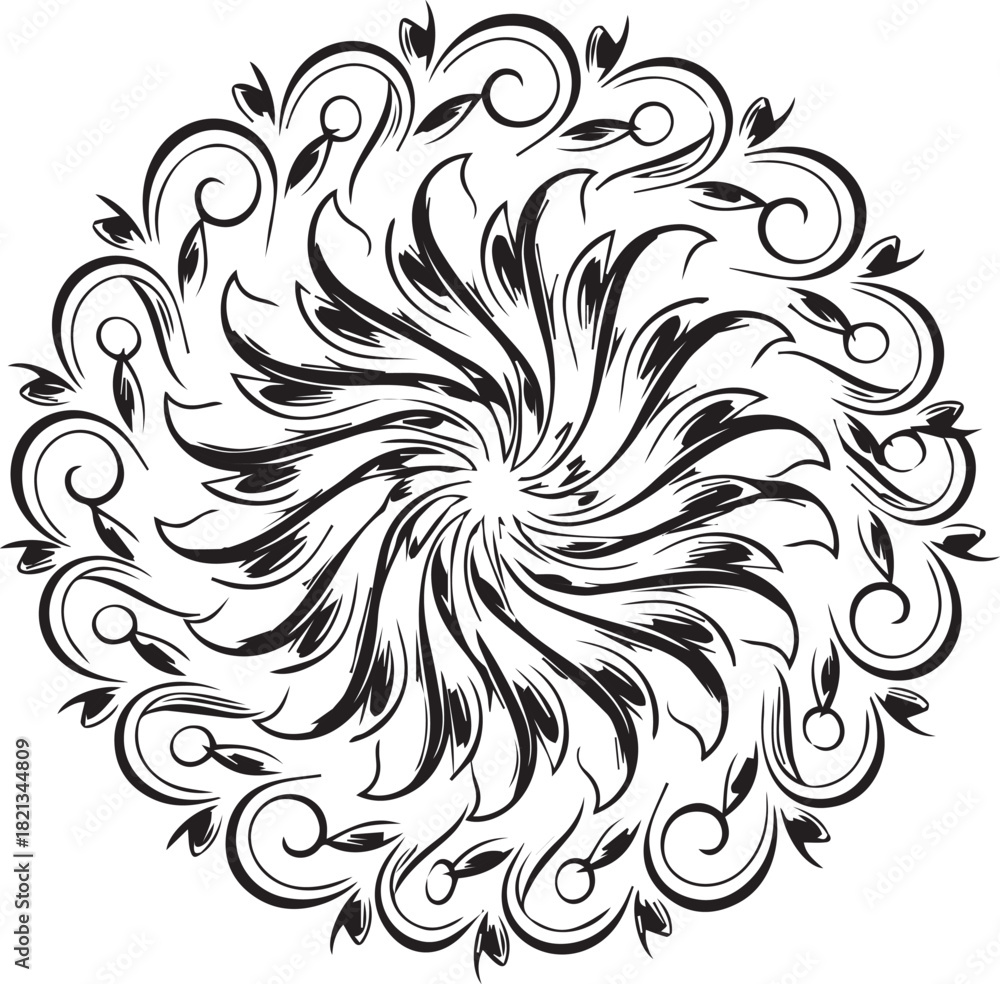 Fototapeta premium Intricate Circular Floral Swirl Mandala Ornament with Vintage Decorative Scroll Pattern