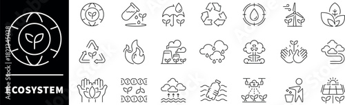 Ecosystem vector icons in line style. Ecosystem related icons. Ecosystem, ecology, eco, environment icons set
