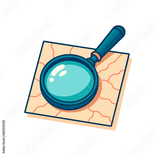 Treasure hunt, Magnifying glass with a map icon logo flat vector design