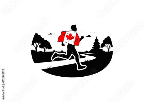 Patriotic Canadian runner jogging on a scenic trail through a park, draped in the national flag of Canada