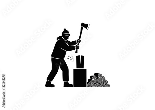 Man chopping wood with an axe, preparing firewood for winter, a symbol of hard work and self-sufficiency in nature