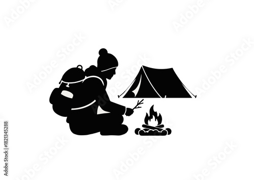 Silhouette icon of a person camping with a backpack, tent, and campfire for outdoor adventure and travel concepts