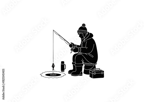 Silhouette of a person ice fishing on a frozen body of water with fishing gear and a thermos, illustration