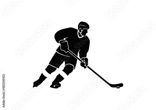 Dynamic black silhouette of an ice hockey player in action, skating with a stick. Vector sport icon isolated on a white background
