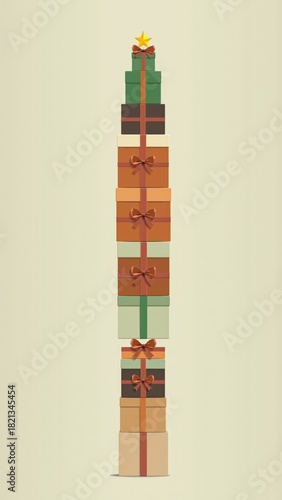 Colorful stacked holiday gift boxes decorated with ribbons  