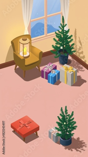 Cozy indoor scene with Christmas gifts and decorations by the window  