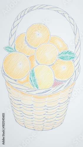 Basket filled with oranges and green leaves on white background  
