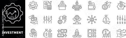 Investment vector icons in line style. Investment icons set. Investings related icons set