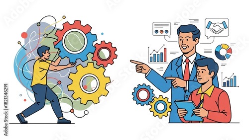 Teamwork Mechanics & Mentorship – Black Outline Colorful Art of Gear Collaboration and Business Guidance