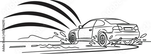 Car splashing through water line art illustration