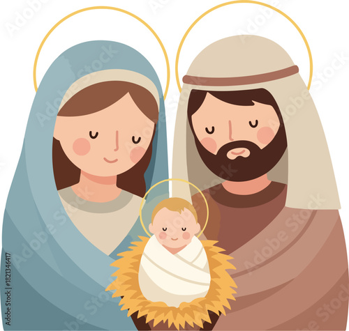 The Holy Family: A tender depiction of the Holy Family, with a serene baby nestled in a manger and a mother and father in the background. representing faith, love, and the divine.