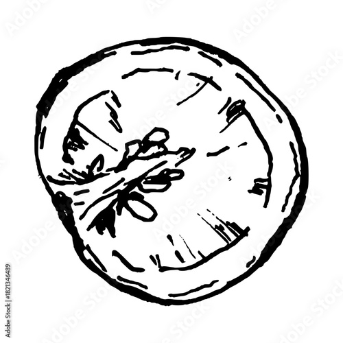 Black and white vector illustration of a tomato slice with visible chambers and seeds. Suitable for ingredient sets, salads, recipe layouts, Mediterranean dishes and pizza uses.