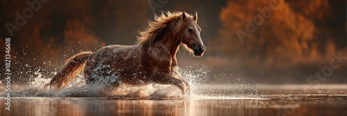 A powerful chestnut horse running through water creating a large splash. Backlit portrait of a wild stallion in motion during a golden hour sunset