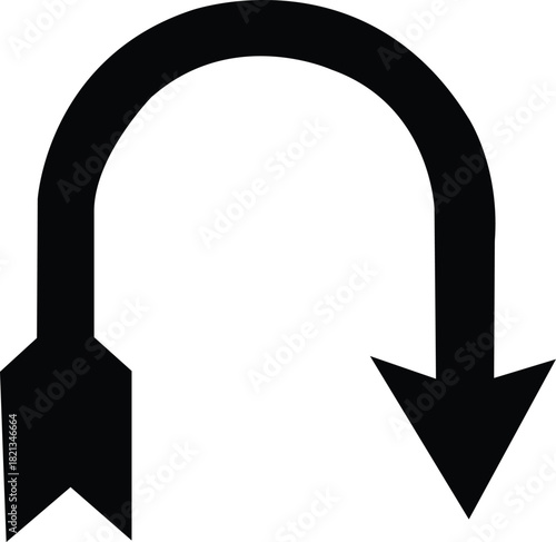 U-turn arrow icon in bold black vector style, curved reversal direction symbol for navigation, road guidance graphics, map indicators and traffic concepts
