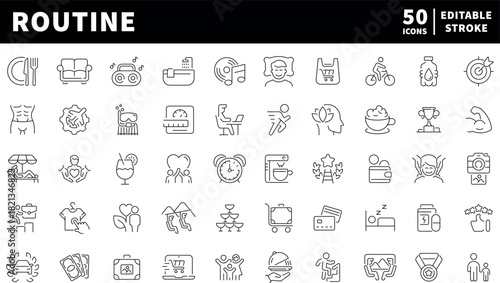 Routine vector icons in line style. Routine icons set. Lifestyle related icons
