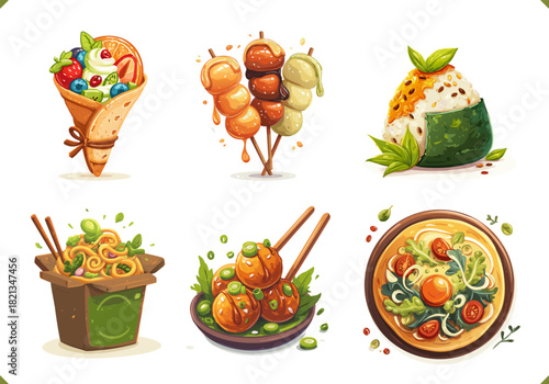 Set of vector illustrations of Japanese and Asian street food including noodles, okonomiyaki, dango rice, takoyaki and desserts, isolated on a white background