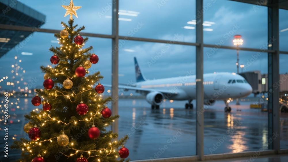 Fototapeta premium Festive Christmas tree on international airport with airplane background