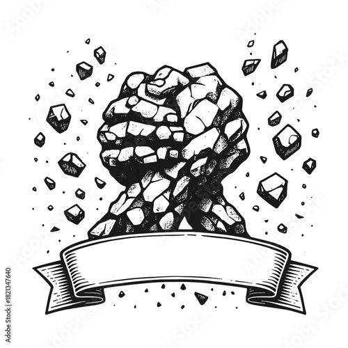 Bold arm-wrestling rock hand illustration in dramatic black-and-white engraving vector style, featuring stone fist formation and banner, ideal for logos, badges, and strong graphic themes.