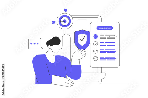 Privacy policy. Agree checking form terms and conditions. Legal signing documents, protecting personal data, checking documents. Account security, user agreement. Flat Cartoon Vector Illustration, web