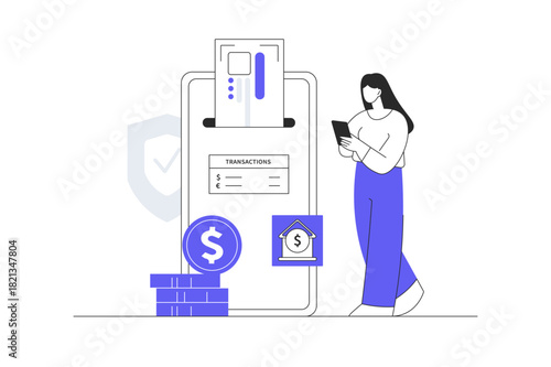E-wallet online transaction digital payment. Online transaction on mobile phone with woman character. Flat Cartoon Vector Illustration, icon Stylish abstract design landing page web