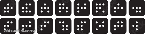 Collection of black dice displaying braille numbers in two rows