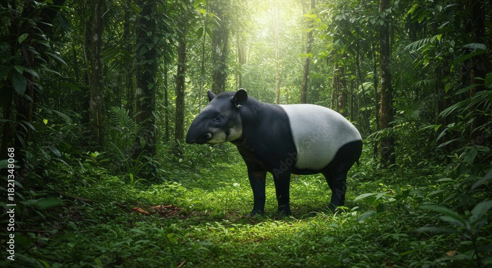 Fototapeta premium Black and white tapir stands in a lush sundappled rainforest